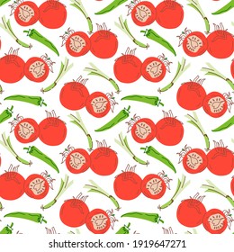 vegetable pattern with composition chilies, lemongrass, tomatoes element. Perfect for food background, wallpaper, textile. Vector illustration
