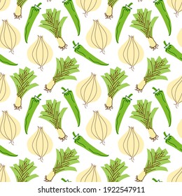 vegetable pattern with composition onions, garlic, chili peppers element. Perfect for food background, wallpaper, textile. Vector illustration