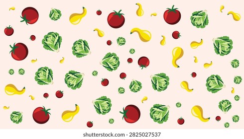 Vegetable pattern featuring red tomatoes green lettuce and yellow squash on white background ideal for healthy food themes and cooking projects