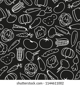 vegetable pattern line style on black background with bean, radish, pumpkin, tomato, chilli, cucumber, cabbage, potato, carrot, onion, corn, pepper for banner sale, logo, decoration. vector 10 eps