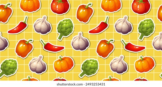 Vegetable pattern on checkered yellow background. Artichoke, tomato, chili, garlic, and paprika. Colorful stickers. Thanksgiving day. Autumn background. Harvest day. For posters, banners, and covers.