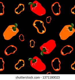 Vegetable pattern. Peppers on a black background. Design for flyer, label, wallpaper, fabric.	
