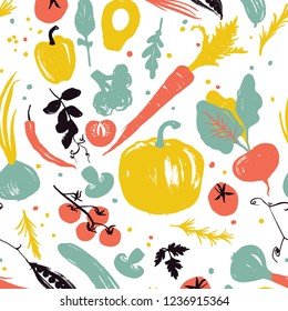 Vegetable pattern with pumpkin, carrot, onion, tomatoes and pepper.  Healthy lifestyle eating. Farmers market. Blue, red and yellow