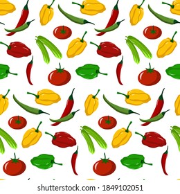 Vegetable pattern. Red, yellow, green peppers, tomatoes and cucumbers. Chilli. Vector illustration isolated on white background. For packaging, scrapbooking and textiles, farms and markets, cafes and