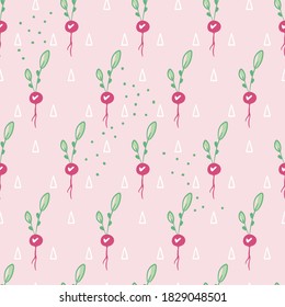 Vegetable pattern. Seamless background with cute bright radishes and triangles.