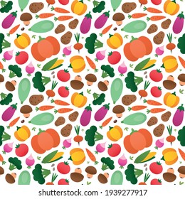 Vegetable pattern. Seamless background of vegetables in flat style on a white background. Vector 8 EPS.