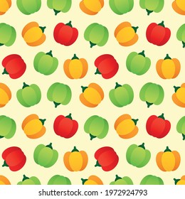 Vegetable pattern. Seamless background of yellow, green and red peppers in flat style on a light yellow background. Vector 10 EPS.