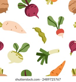 Vegetable pattern, seamless design. Natural vegetarian food background, repeating print, texture. Harvest, beet, radish, turnip and carrot, endless fabric, textile, wrapping. Flat vector illustration