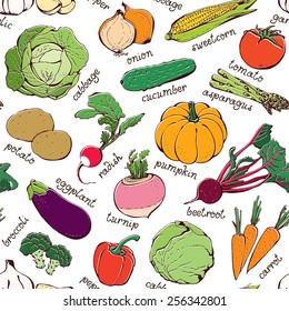 Vegetable pattern, seamless hand drawn food background