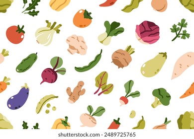 Vegetable pattern, seamless print. Vegetarian food, endless background design. Natural fresh farm produce, harvest. Beet, broccoli, greens, tomato veggies, repeating texture. Flat vector illustration