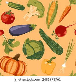 Vegetable pattern. Vector flat illustration. Restaurant, menu, farm, grocery store. Vegan and healthy lifestyle.