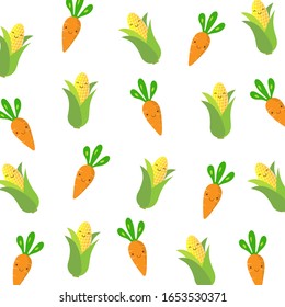 Vegetable pattern.Cute carrot and corn smile face isolated on white background.Design for print or screen fabric ,wrapping paper ,cover book ,food menu.Vector.Illustration.