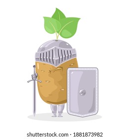 Vegetable in peel with sword and protective shield. Vector veggie in armor, caricature character, harvest from garden, healthy eating design isolated on white background