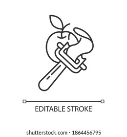 Vegetable peeler linear icon. Stainless instrument for serving food. Cooking utensil. Peel apple. Thin line customizable illustration. Contour symbol. Vector isolated outline drawing. Editable stroke