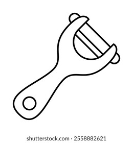 Vegetable Peeler Outline Vector Illustration. The peeler has a curved ergonomic handle and a Y-shaped structure holding a horizontal blade designed for peeling fruits and vegetables.