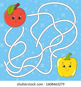 Vegetable pepper, fruit apple. Maze. Game for kids. Labyrinth conundrum. Education developing worksheet. Puzzle for children. Activity page. Cartoon character. Color vector illustration.