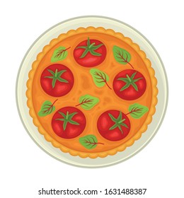 Vegetable Pie with Greenery and Tomatoes on Top Served on Plate Top View Vector Illustration