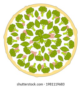 pizza vegetal con brócoli y albahaca aislada en blanco - vista superior