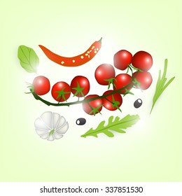 Vegetable pizza, cherry tomatoes, garlic, chilli, basil, dill, saffron, olives. Vegetables for recipes.