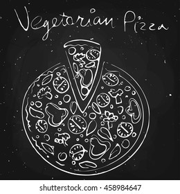 Vegetable pizza, drawn in chalk on a blackboard