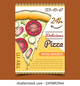 Vegetable Pizza Italian Slice Piece Poster Vector. Cooked Pizza With Ingredients Mushrooms And Mozzarella Cheese, Tomatoes And Olives Natural Ingredient Concept. Designed Banner Illustration