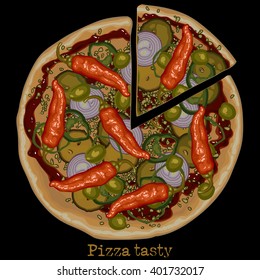 vegetable pizza with a piece cut off, freehand drawing