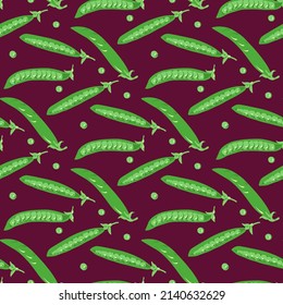 Vegetable plant background with peas. Seamless floral pattern. Pods of green peas on a burgundy color background. Positive bright print on a vegetable theme. Vector illustration, texture