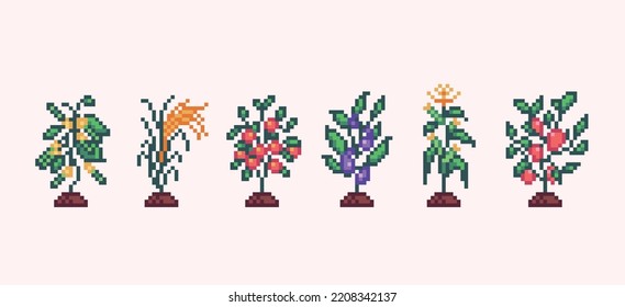 Conjunto de arte de píxeles de la granja de plantas vegetales. Oberenjena, pimiento, maíz, pepino y tomate. Sprite de 8 bits. Desarrollo de juegos, aplicación móvil.  Ilustración vectorial aislada.