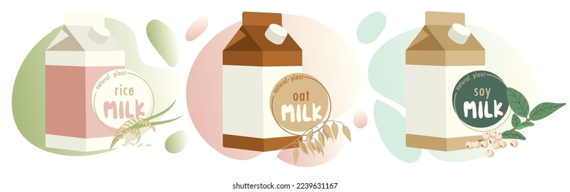 Vegetable, pLant milk in pack, color stickers set for packaging design. Soja, oat, rice veggie drink. Hand drawn lettering. Dairy free product. Vector illustration, print, emblem. 