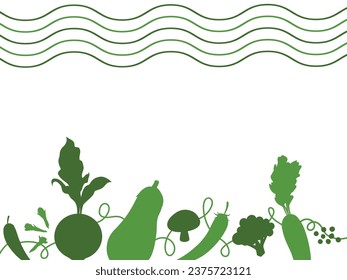 Vegetable plants silhouette icon lined up at the bottom with decorative doodle lines decorative element vector illustration isolated on copy spaced white horizontal background. Simple flat style.