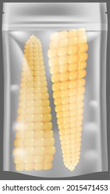 Vegetable plastic food packaging tray wrapped with polyethylene. Transparent plastic bag, package with corn. Evacuated corn in plastic, polyethylene packaging isolated on transparent background