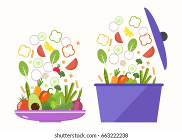 Vegetable plate. Vegetable pan. Slices of vegetables. Flat design