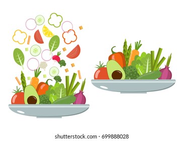 Vegetable  plates. Slices of vegetables. Flat design.