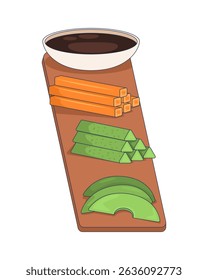 Platter vegetal com mergulho no objeto de desenho 2D da placa de madeira. Bastões de cenoura, cunhas de abacate, fatias de pepino, mergulhando molho de soja elemento isolado liso vetor clip art no branco. Ilustração pontual