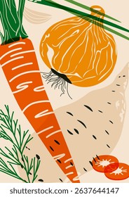 Vegetable poster. Organic veggies food, fresh natural farm products, potato, onion, carrot and greens risograph cover for vegetarian restaurant menu. Vector cartoon background.
