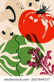 Vegetable poster. Organic veggies food, fresh natural farm products, tomato, cabbage, mushrooms and greens risograph cover for vegetarian restaurant menu. Vector cartoon background.