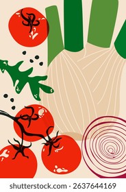 Vegetable poster. Organic veggies food, fresh natural farm products, cherry tomato, fennel, onion and greens risograph cover for vegetarian restaurant menu. Vector cartoon background.