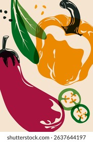 Vegetable poster. Organic veggies food, fresh natural farm products, eggplant, bell pepper and greens risograph cover for vegetarian restaurant menu. Vector cartoon background.