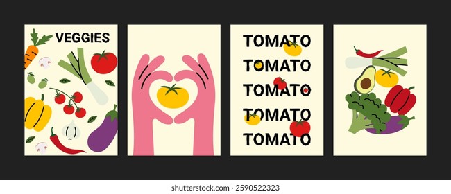 Vegetable poster set.  Fresh veggies, healthy food, organic produce, tomato, avocado, peppers, market, vegan lifestyle, eco-friendly design, kitchen decor. Flat vector illustration.