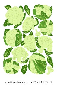 Vegetable poster with stylized cauliflower heads, florets, and green leaves, creating a fresh and healthy food-themed design, perfect for packaging, textiles, and kitchen decor. Vector vegan poster