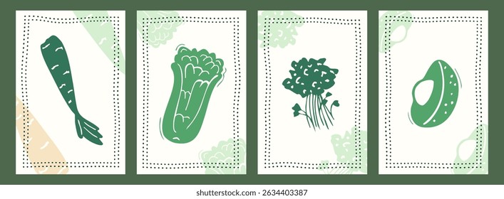 Vegetable posters with flat vegetables drawings of cabbage, celery, parsley and avocado. Covers and cards, healthy eating and farm harvest advertise. Vector illustration.