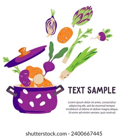 Vegetable pot soup banner or card design, flat hand drawn vector illustration isolated on white background. Poster with vegetables and saucepan for healthy vegan food and recipe books.