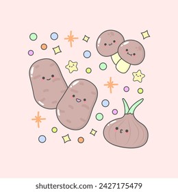 vegetable potato mushroom onion with cute facial expressions and pastel colour