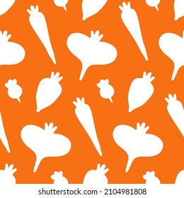 Vegetable print with root crop silhouettes. Veggies on bright orange background. Flat two-color texture for kitchen textiles: tablecloths, towels, napkins, curtains. Seamless root vegetable pattern.