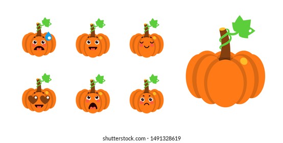 vegetable pumpkin set happy emotion cute child orange yellow isolated on white