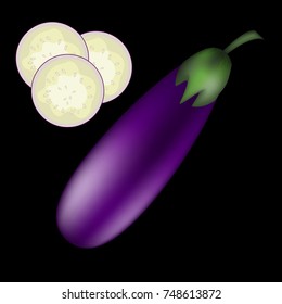 Vegetable purple eggplant set isolated on black background. Whole, sliced, half of fresh aubergine. Vector illustration.