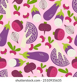 Padrão sem emenda roxo-roxo vegetal. Impressão vegetal orgânica fresca para cozinha, menu, design de pacote de alimentos. Ilustração de vetor plana desenhada à mão. Fundo de cozinha bonito saudável.