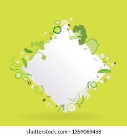 Vegetable rhombus frame with white paper label  for web and print decoration vector illustration on light green background
