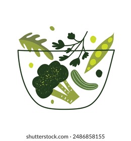 Ilustración de ensaladera de verduras. Come verde. Vector las verduras dibujadas a mano en un tazón de vidrio. Guisantes, pepino, brócoli, perejil. Comida saludable, ingrediente de desintoxicación, menú vegano aislado fondo blanco.