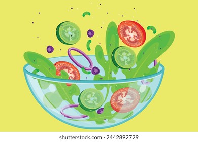 vegetable salad in bowl isolated on white background, fresh green salad leaves, tomatoes, onions, olives, peppers and cucumber slices in cartoon simple flat style, healthy organic food